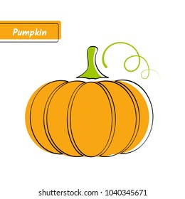 Flat design vegetable education card. Vector illustration with solid orange isolated pumpkin or squash, black outline and label on white background for organic market logo, fresh product or kid game