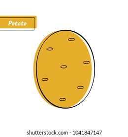 Flat design vegetable education card. Vector illustration with solid brown isolated potato or spud, black outline and label on white background for for organic market logo, fresh product or kid game