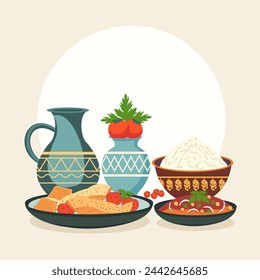 Diseño plano de platos de comida vegetal con tazón de florero para la celebración de Nowruz
