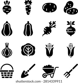 Flat Design Vegetable Root Garden Tools Icon Set Featuring Carrots Potatoes Beets Corn Onions And Farm Equipment
