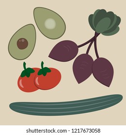 Flat design vegetables avocado tomato beetroot cucumber vector illustration