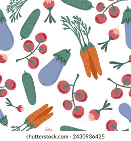 Flat design vegetables tomato eggplant carrot radish cucumber seamless pattern