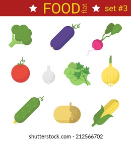 Flat design vegetables vector icon set. Raddish, corn, potato, garlic, carrot, tomato, cucumber, eggplant, cabbage, bell pepper. Food collection. 