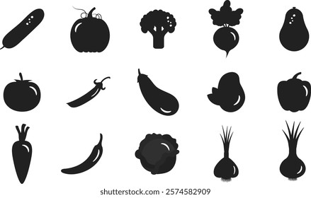 Flat design vegetables. Vector illustration on white background. Black icons