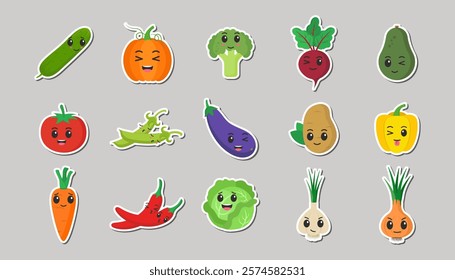 Flat design vegetables. Vector illustrations on gray background. Stickers. Icons. Emoji