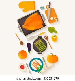 Flat design vertical banner for Thanksgiving dinner. Typical festive dinner: roast turkey, cranberry sauce, pumpkin, vegetables. It can be used for menus, culinary blog, invitations to dinner.