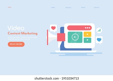 Flat design video content concept, video marketing, social media video post - conceptual landing page vector illustration with icons