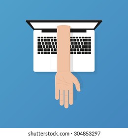 a flat design view form above arm out from laptop computer