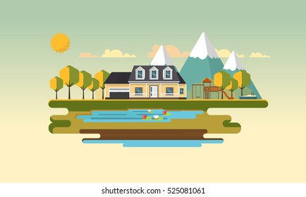 Flat Design Village Abstract Landscape. Vector Illustration.