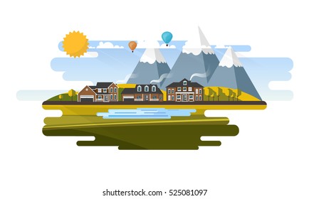 Flat Design Village Abstract Landscape. Vector Illustration.