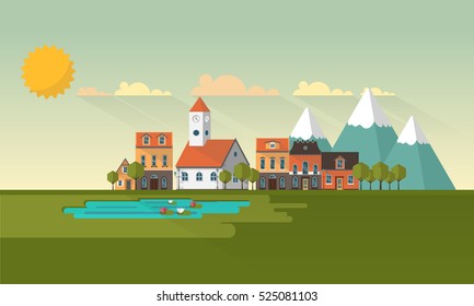 Flat Design Village Abstract Landscape. Vector Illustration.