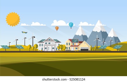 Flat Design Village Abstract Landscape. Vector Illustration.