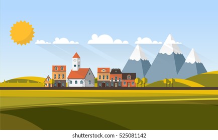 Flat Design Village Abstract Landscape. Vector Illustration.