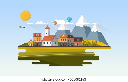 Flat Design Village Abstract Landscape. Vector Illustration.