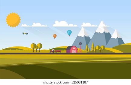 Flat Design Village Abstract Landscape. Vector Illustration.