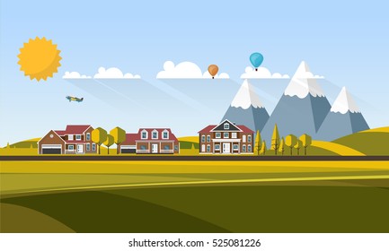 Flat Design Village Abstract Landscape. Vector Illustration.