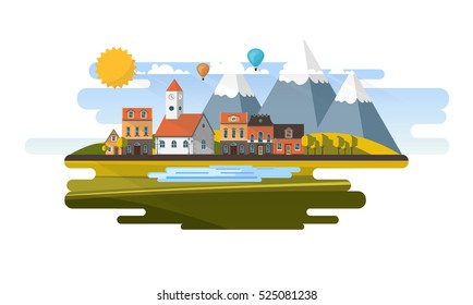 Flat Design Village Abstract Landscape. Vector Illustration.