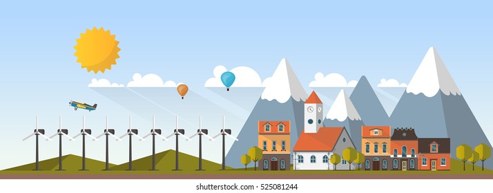 Flat Design Village Abstract Landscape. Vector Illustration.