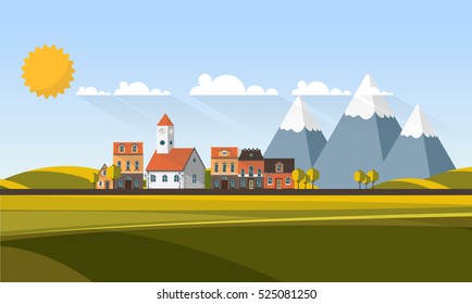 Flat Design Village Abstract Landscape. Vector Illustration.
