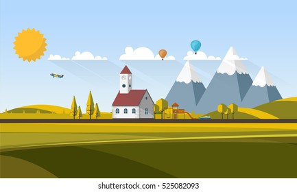 Flat Design Village Abstract Landscape. Vector Illustration.