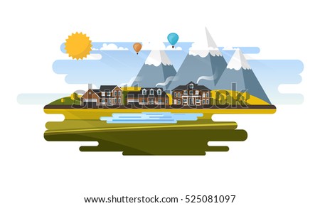 Flat Design Village Abstract Landscape. Vector Illustration.