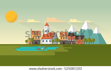 Flat Design Village Abstract Landscape. Vector Illustration.