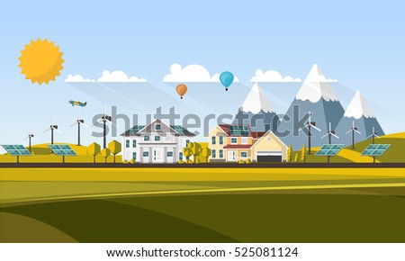 Flat Design Village Abstract Landscape. Vector Illustration.