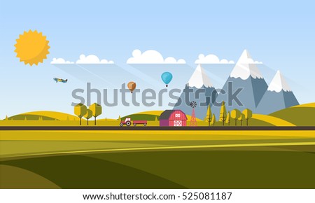 Flat Design Village Abstract Landscape. Vector Illustration.