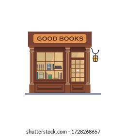 Flat Design Vintage Small Old Book Store Building Facade Vector Illustration Isolated