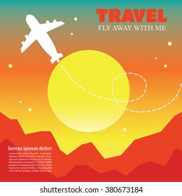 Flat design vintage travel illustration. Fly away with me. Airplane flying in the morning sky.