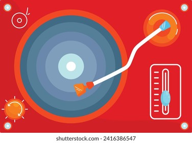 Flat design vinyl record player with stylus and knobs. Retro music turntable, DJ audio equipment vector illustration.