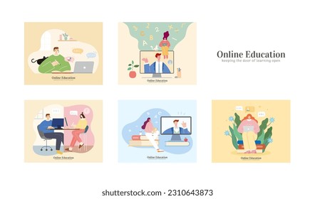 Flat design virtual learning element collection isolated on white background. Scenes of student studying at home with laptop. Concept of online education and homeschooling.