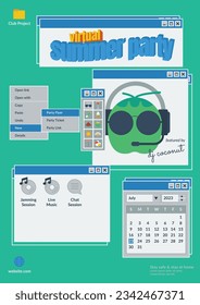 a flat design virtual summer party flyer for video live dj music streaming recording broadcast meeting with retro classic background os operating system app interface