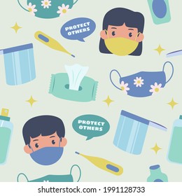 Diseño plano de la protección contra virus de los primeros paquetes de personas con colección de mascarillas faciales de patrón transparente material vectorial de fondo