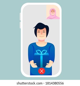 flat design of visuals of family and friends sharing gifts through video calls.