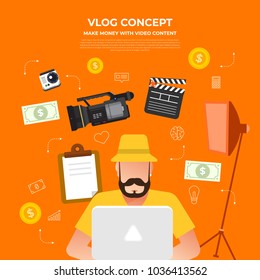 Flat design vlog concept. Create video content and make money. Vector illustrate
