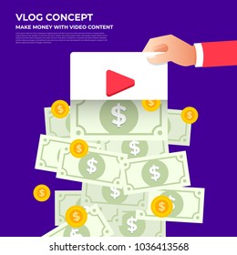 Flat design vlog concept. Create video content and make money. Vector illustrate
