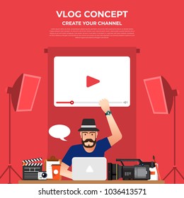 Flat design vlog concept. Create video content and make money. Vector illustrate
