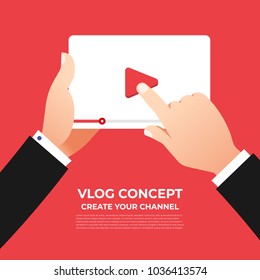 Flat design vlog concept. Create video content and make money. Vector illustrate
