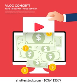 Flat design vlog concept. Create video content and make money. Vector illustrate
