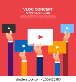 Flat design vlog concept. Create video content and make money. Vector illustrate