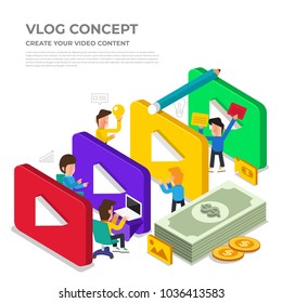 Concepto de vlog de diseño plano. Cree contenido de vídeo y gane dinero. Vector ilustrado
