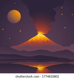 Flat design. Volcano eruption with reflection in the lake