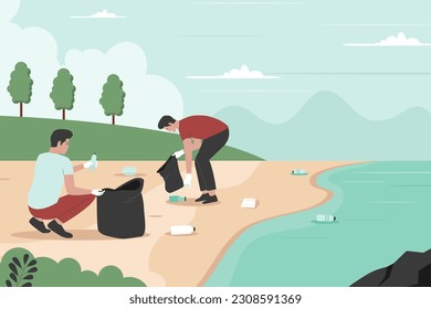 Flat design of volunteers cleaning beach from trash. Illustration for website, landing page, mobile app, poster and banner. Trendy flat vector illustration