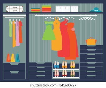 Flat Design walk in closet, interior design, Clothing store, Boutique indoor, conceptual Vector illustration.
