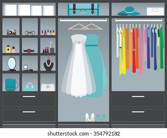 Flat Design Walk In Closet, Interior Design, Clothing Store, Boutique Indoor With Cosmetics, Woman Fashion Conceptual Vector Illustration. 