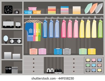 Flat Design walk in closet, interior design, Clothing store, Boutique indoor of men's cloths, Vector illustration.

