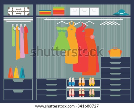 Flat Design walk in closet, interior design, Clothing store, Boutique indoor, conceptual Vector illustration.