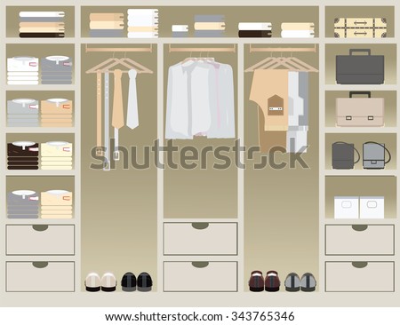 Flat Design walk in closet, interior design, Clothing store, Boutique indoor of men's cloths., conceptual Vector illustration.
