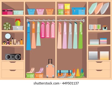 Flat Design walk in closet with shelves for accessories and cosmetic make up, interior design, Clothing store, Boutique indoor of woman's cloths, conceptual Vector illustration.